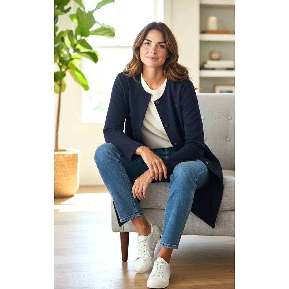 St John Navy Knit Duster Coat Size 4 Made USA One Button Two Pockets Side Vents